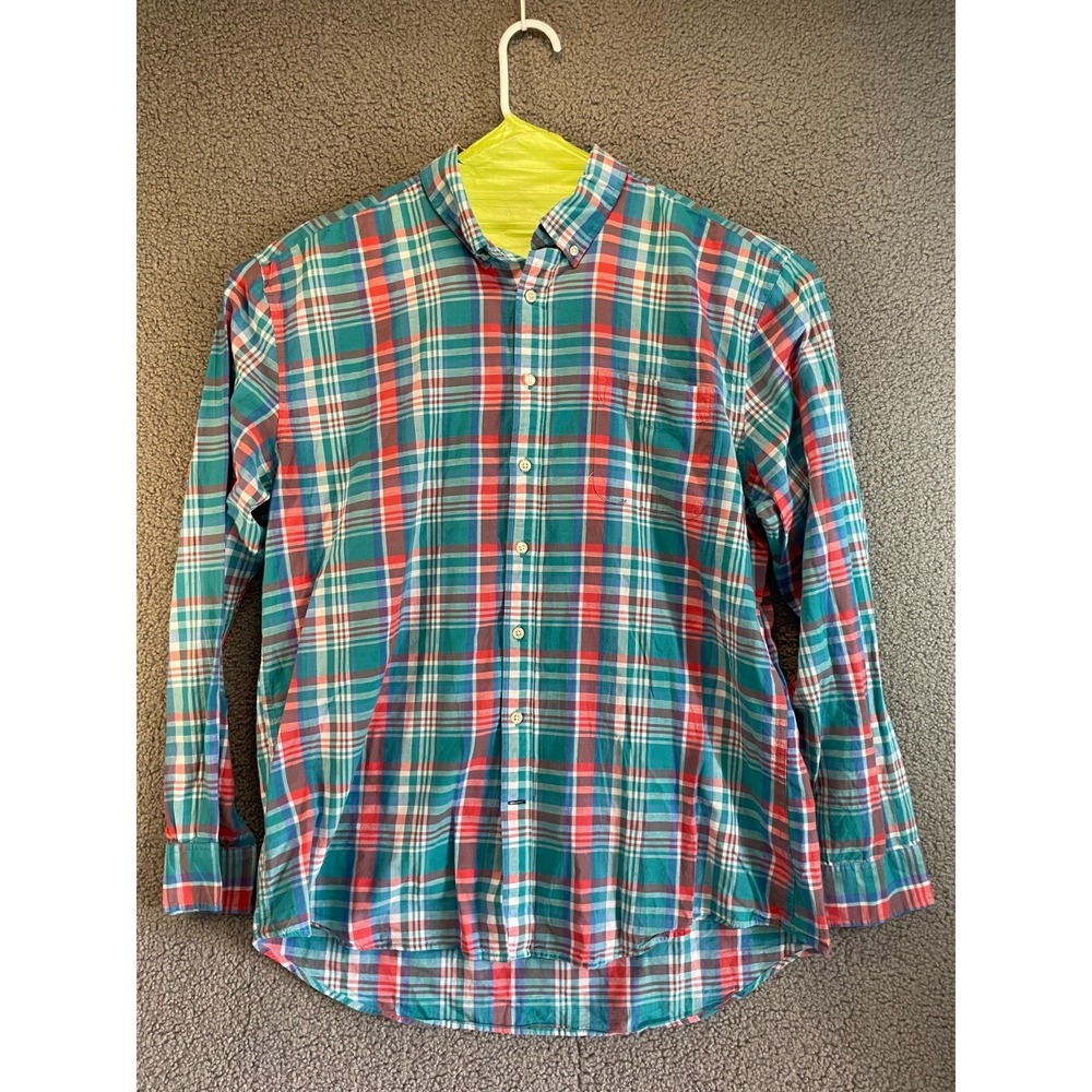 Tommy Hilfiger Custom Fit Cotton/Linen Mens LS Shirt, Teal Plaid XXL